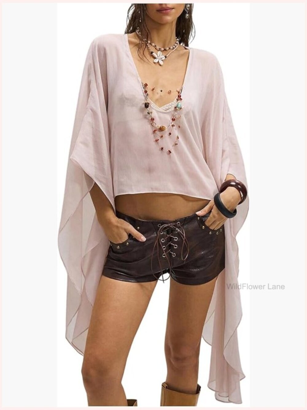 Oversized Poncho Top 3/4 Sleeve V Neck Asymmetrical Crop Blouse